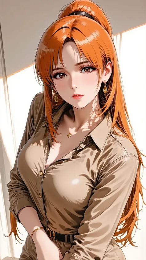 Anime style illustration, best quality, ultra detailed, sharp focus, high contrast, clean lines, Eye-level shot, thigh-up portrait, slightly angled view, A cool woman, intense gaze, strong contouring makeup, defined eyebrows, bold red lipstick, perfect 5-f...