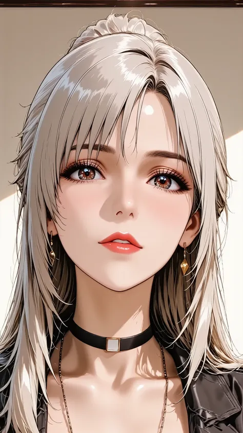 Anime style illustration, best quality, ultra detailed, sharp focus, high contrast, clean lines, Eye-level shot, thigh-up portrait, slightly angled view, A cool woman, intense gaze, strong contouring makeup, defined eyebrows, bold red lipstick, perfect 5-f...