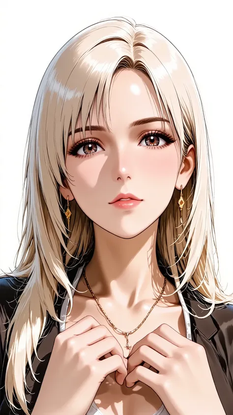 Anime style illustration, best quality, ultra detailed, sharp focus, high contrast, clean lines, Eye-level shot, thigh-up portrait, slightly angled view, A cool woman, intense gaze, strong contouring makeup, defined eyebrows, bold red lipstick, perfect 5-f...