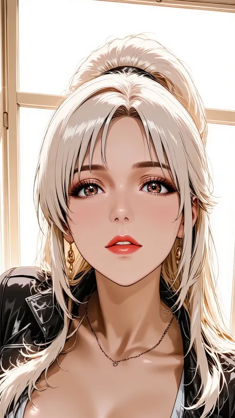 Anime style illustration, best quality, ultra detailed, sharp focus, high contrast, clean lines, Eye-level shot, thigh-up portrait, slightly angled view, A cool woman, intense gaze, strong contouring makeup, defined eyebrows, bold red lipstick, perfect 5-f...