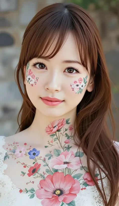 petite female、 slender body、Fantastic flower life、beautifully made eyebrows 、Beautiful Deer Eyes、incredibly detailed irises、big curled eyelashes、Beautiful Tall Nose、sexy thick lips、brown long hair、Wet white skin、women sleeping on their backs intertwining e...