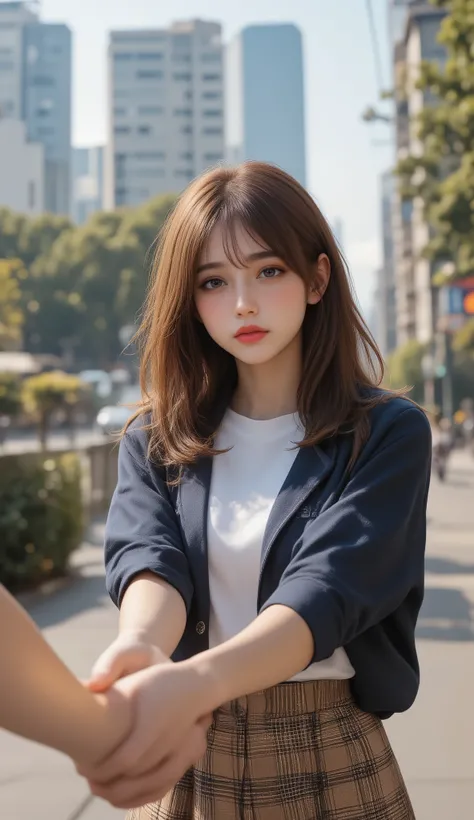 POV, holding hands while walking, 1girl, high school girl, long hair, loose curly hair on the outskirts of the city, round face, Small Eyes, You can wear a white crew neck shirt under a navy polo shirt, brown plaid skirt, Shirt unwrapped, skirt, casual loo...
