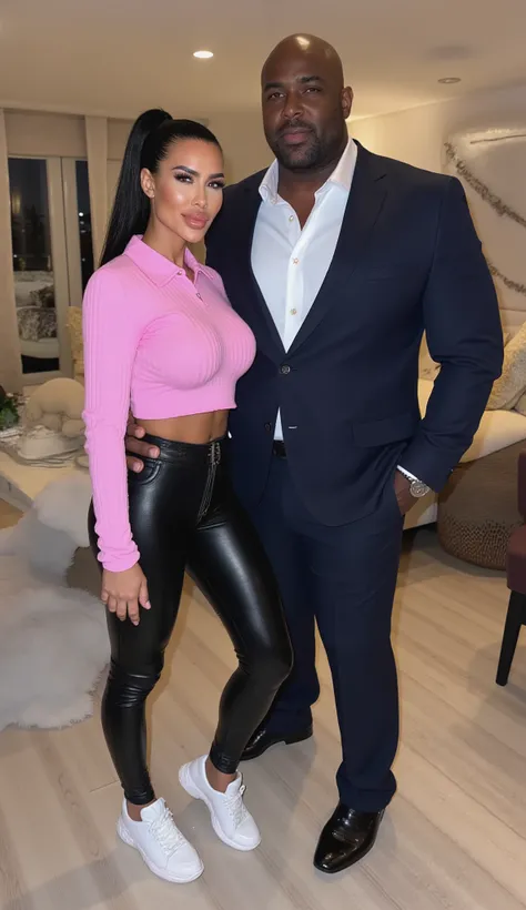 Kim Kardashian with long black hair as a ponytail ,  short pink sweater with collar and zipper and cropped ,  ,  ,in very tight black leather pants and white sneakers , Kim is standing in a bedroom very luxurious and ostentatious, in the background, Standi...