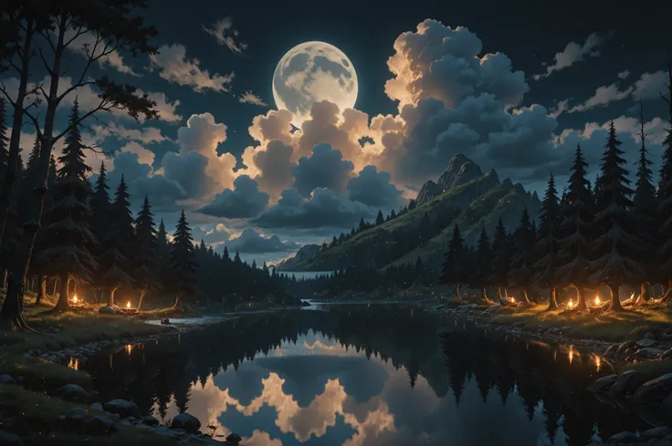 Movie Still,Film Still,Cinematic,Cinematic Shot,Cinematic Lighting,a picture of there is tranquil lake at night, a moon in the sky, some clouds, some trees, old trees, female mink meditating, 16k, highres, best quality, high details, ultra detailed, master...