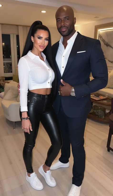 Kim Kardashian with long black hair as a ponytail ,  short white jeans shirt with collar and cropped ,  ,  ,in very tight black leather pants and white sneakers , Kim is standing in a bedroom very luxurious and ostentatious, in the background, Standing nex...