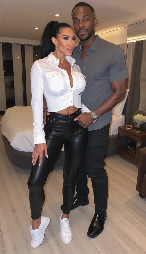 Kim Kardashian with short black hair as a ponytail ,  short white jeans shirt with collar and buttons and cropped ,  ,  ,in very tight black leather pants and white sneakers , Kim is standing in a bedroom very luxurious and ostentatious, in the background,...
