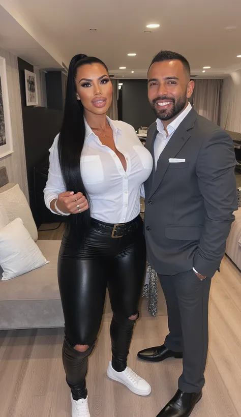 Kim Kardashian with long black hair as a ponytail ,  White jeans shirt with collar and buttons and large cleavage ,  wide black belt,  ,in very tight black leather pants and white sneakers , Kim is standing in a bedroom very luxurious and ostentatious, in ...