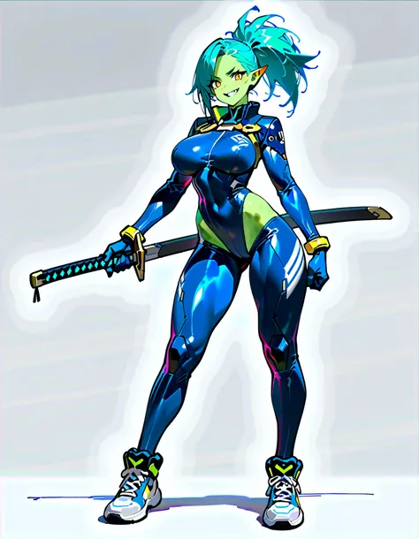 (((masterpiece))), (((Best Quality))), ((Ultra-detailed)), (High Definition anime Illustration), ((extremely delicate and beautiful)),((1 orc girl)),solo, Full body, night-blue ponytail hair style and yellow eyes,((blue Cyber-suit))((holds a sword in a sca...