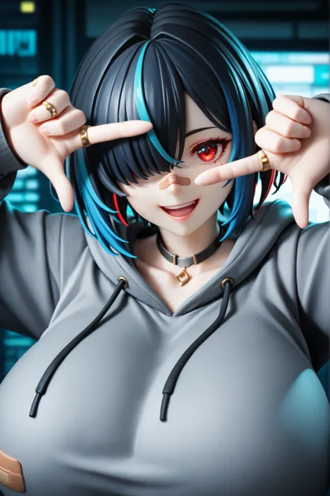 Realistic detailed Anime style figure statue, 1girl, solo, looking at viewer,smile,open mouth,short hair,black hair,long sleeves,red eyes, jewelry,collarbone,upper body,multicolored hair, blue hair,hood,necklace,hair over one eye,blurry,streaked hair, giga...