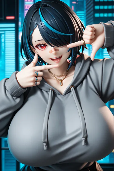 Realistic detailed Anime style figure statue, 1girl, solo, looking at viewer,smile,open mouth,short hair,black hair,long sleeves,red eyes, jewelry,collarbone,upper body,multicolored hair, blue hair,hood,necklace,hair over one eye,blurry,streaked hair, giga...
