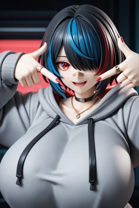 Anime style figure statue, 1girl, solo, looking at viewer,smile,open mouth,short hair,black hair,long sleeves,red eyes, jewelry,collarbone,upper body,multicolored hair, blue hair,hood,necklace,nail polish,hair over one eye,blurry,streaked hair, gigantic br...