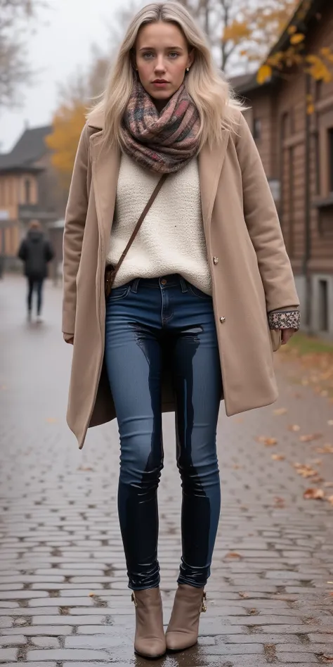 peed, large water stain, 1girl, 8k high resolution, best quality, youthful Norwegian female, long wavy ash blonde hair, smooth forehead, blue eyes, fair skin with soft pink undertone, slim feminine body, B-cup bust, cream oversized knit sweater, dark blue ...