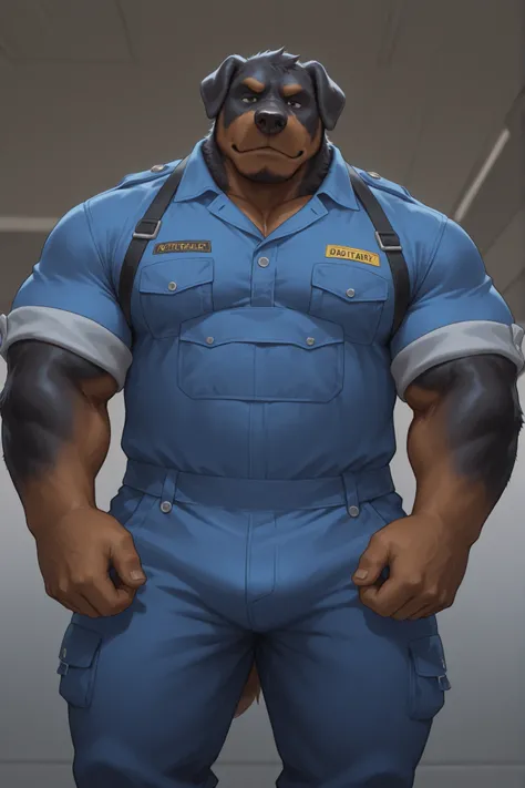 a big bulky bara daddy rottweiler gangster wearing coveralls, Casual Pose 