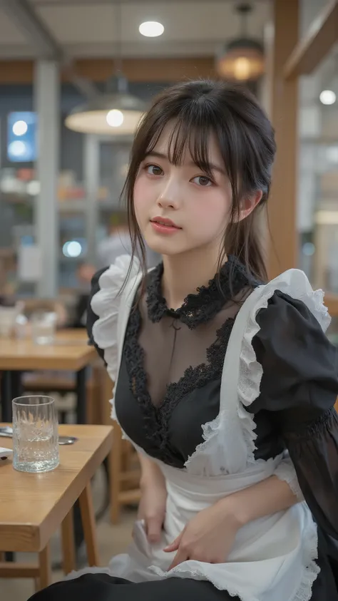 one girl, aprons, Black dress, , braiding , dress, eyebrows visible through hair, big boobs , valley, Nipples, frills, buttocks under pants, in the night sky , gem, Juliet Sleeve, long sleeve, maids, maids aprons, maids's head dress, ...