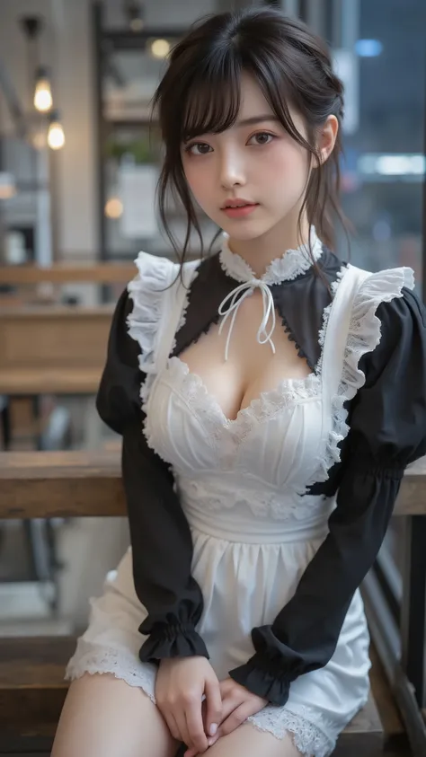 one girl, aprons, Black dress, , braiding , dress, eyebrows visible through hair, big boobs , valley, Nipples, frills, buttocks under pants, in the night sky , gem, Juliet Sleeve, long sleeve, maids, maids aprons, maids's head dress, ...