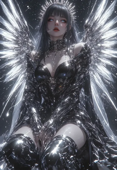 1 gadis, solo, gadis remaja, malaikat anime, kecantikan idol, kneeling on one leg, pose anggun, upward diagonal direction, white transparent angel wings Black motif, rambut hitam lurus, sparkling clear blue eyes, beautiful facial expressions, perfectly plu...