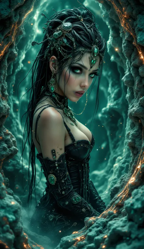 surrealism, turquoise background, blurred watercolor, professional model as the Mistress of the Copper Mountain, captivating green eyes, bold modern look: black corset and high leather lace-up boots adorned with exquisite emerald and raw malachite jewelry...