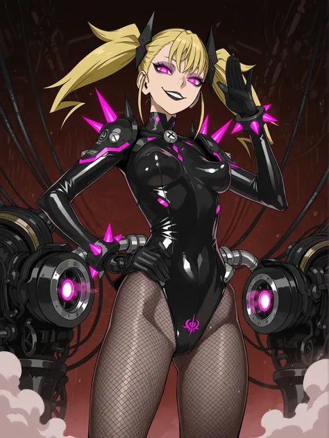 Kikoru Shinomiya. Blonde hair. Twintails. Villain eyeshadow. Purple eyeshadow. Pink glowing eyes. Cynical smile. Black lips. Glossy. Black latex costume. Leotard. Black gloves. Fishnet tights. Perky breasts. Large waist. Detailed thighs. Crotch tattoo. Spi...