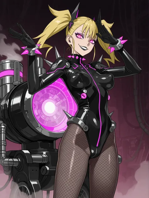 Kikoru Shinomiya. Blonde hair. Twintails. Villain eyeshadow. Purple eyeshadow. Pink glowing eyes. Cynical smile. Black lips. Glossy. Black latex costume. Leotard. Black gloves. Fishnet tights. Perky breasts. Large waist. Detailed thighs. Crotch tattoo. Spi...