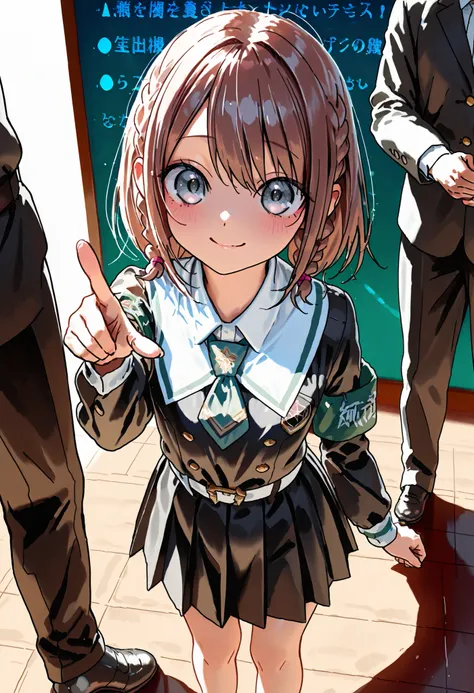 Little Girl with High Pressure Discipline Ceaman，((from ↑:1.2)),(((Disciplinary Committee Chairman's Armband)))，Approximately 150 cm,charismatic presence, tall male students surrounding her,Pointing and Instructions,4K High Resolution,high dynamic range,br...