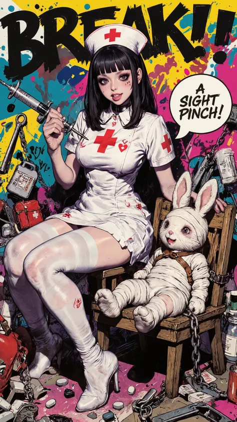 Vibrant and stylish illustration.dynamic sexy pose, A punk-fashioned nurse wielding a giant syringe interacts, The nurse is drawn in exaggerated anime style a young woman with pale skin,A nurse with strikingly beautiful long legs, striking black eyeliner, ...