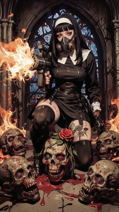stylish illustration,dynamic pose,dynamic angle,looking at viewer,forcus nun,A sexy cool nun,A nun holding a heavy machine gun is spraying fire ball,Flames tracing an arc,wearing goth respirator,black long hair,bangs,red eyes,Red rose tattoo on the thigh,S...
