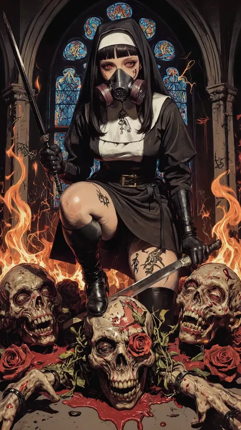stylish illustration,dynamic pose,dynamic low angle,looking at viewer,close-up nun,A sexy cool nun,A nun holding japanese katana,battle stance,Flames tracing an arc,wearing goth respirator,black long hair,bangs,red eyes,Wearing black gloves,Red rose tattoo...