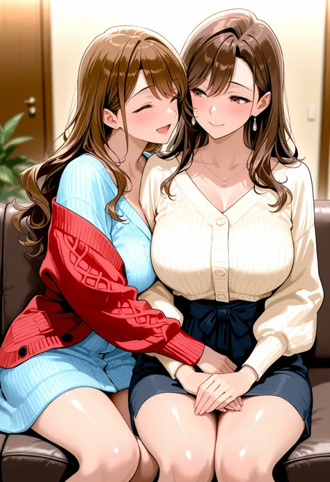 beautiful woman　30 years old　married woman　mature woman　Japanese woman　glamour　brown hair　loose wavy hair　Put your hands on the couch　living room　Cardigan　happy expression　sitting side by side　hug each other　Close contact and hug　young boy