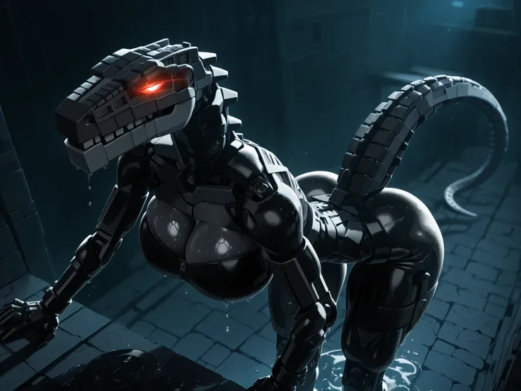 l3g0, masterpiece, best quality, amazing quality, very aesthetic, high resolution, highly detailed, high quality, krekkov style, score_9, score_8_up, score_7_up , solo, muscular, roodaka, bionicle, anthro, dinosaur, lidded eyes, annoyed, glowing eyes, sedu...