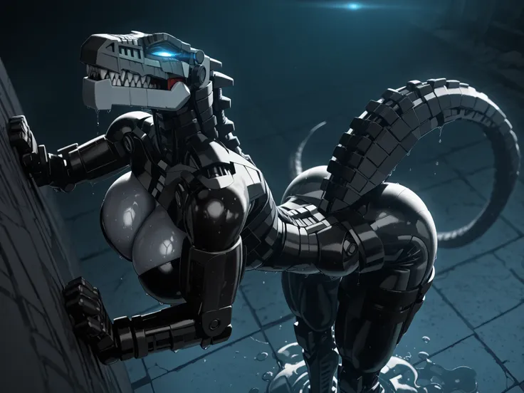 l3g0, masterpiece, best quality, amazing quality, very aesthetic, high resolution, highly detailed, high quality, krekkov style, score_9, score_8_up, score_7_up , solo, muscular, roodaka, bionicle, anthro, dinosaur, lidded eyes, annoyed, glowing eyes, sedu...