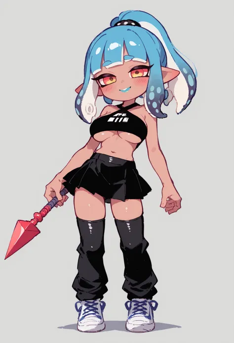 nsfw、masterpiece、high definition、Highest Quality、Slightly strong contrast、deformed、1 cute Splatoon girl、Inkling、Full Body、detailed face、beautiful faces、Big, Cute Eyes、Red Sclera、beautiful eyes、golden eyes、long lashes、plump lips with a jewel spear、 dark pin...