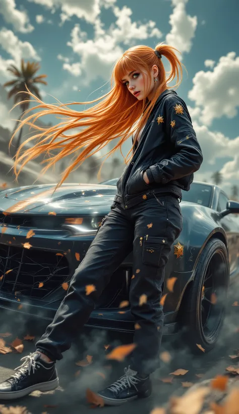 masterpiece, newest, absurdres, best quality,dynamic pose,  v1nne_illu, 1girl, vehicle focus, motor vehicle, ground vehicle, car, solo, green eyes, long hair, pants, jacket, orange hair, hair ornament, jewelry, earrings, looking at viewer, sports car, blac...