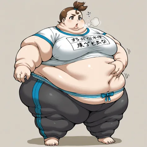 1girl, verity, very short hair, top knot, brown eyes,  training shirt, training pants with Elastic Waistband, midriff, fat, chubby, obese, fat neck, multiple chins, big breasts open mouth, out of breath, Larger female, full body shot, only head, large head...