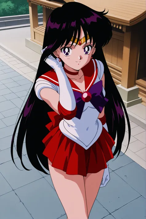 itou_ikuko,masterpiece,best quality,good quality, 1990s (style), anime coloring, retro_artstyle, 1girl, rei hino, hino rei, black hair, long hair, purple eyes, parted bangs, retro artstyle, mature female, small breasts, anime screencap, solo, looking at vi...