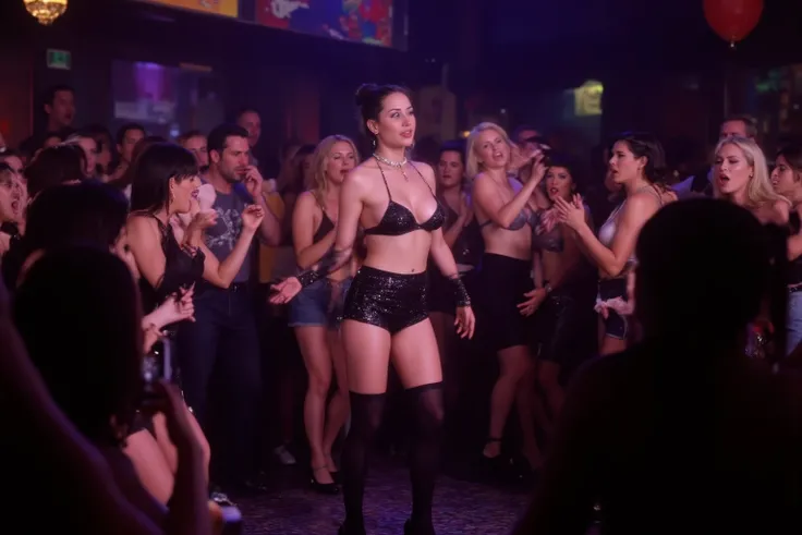 lcylxsl woman,A gorgeous woman (lucy liu, aged 25, mini skirt no panties, small crop top sparkly, jewelry, thigh high stockings, black dancing shoes, lesbian haircut, violet makeup), she is dancing lewd at a night club with multi colored stage lights, seve...