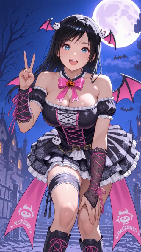 , ,perfect anatomy,masterpiece, Highest Quality, very aesthetic, Ridiculous, (Pyromyz (artist):0.4),,,1girl, kokoro (doa),kokorohalloween, black dress, hair orgment,,,pink ribbon,,,off-shoulder,  , large breast,,,,,,,black hair,  beautiful blue eyes,,, , V...