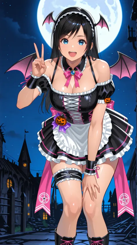 , ,perfect anatomy,masterpiece, Highest Quality, very aesthetic, Ridiculous, (Pyromyz (artist):0.4),,,1girl, kokoro (doa),kokorohalloween, black dress, hair orgment,a pair of devil wings on headband,,, Pink ribbon accessory at the waist,,off-shoulder,(maid...
