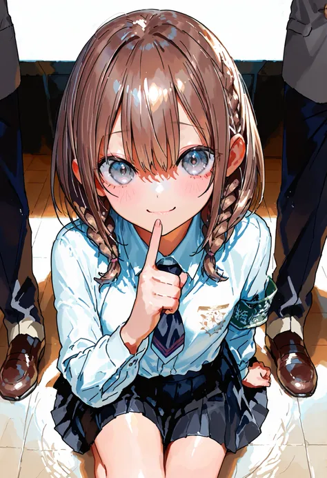 Little Girl with High Pressure Discipline Ceaman，((from ↑:1.2)),(((Disciplinary Committee Chairman's Armband)))，Approximately 150 cm,charismatic presence, tall male students surrounding her,Pointing and Instructions,4K High Resolution,high dynamic range,br...