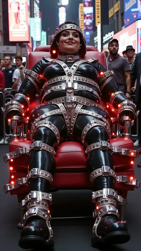 A morbidly obese 55-year-old woman restrained in a lavish Victorian-style leather dental chair with glowing red rubber belts, encased in tight black latex with gleaming chrome straps and buckles, wearing a complex leather-and-strap hood gag with multiple b...