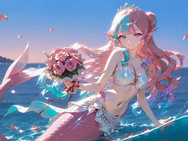 (merfolk, mermaid tail, scales,)(MULTICOLORED HAIR, TWO-TONE HAIR,MIX OF turquoise AND VIOLET-pink HAIR,SPLIT-COLOR HAIR,) The France Queen mermaid. She has pink skin covered with scales. She has pink ear fins with silver seashell earrings. she has a purpl...