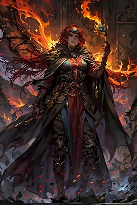 fantasy dnd character, female, scourge assimar, gold dragon scales, glowing eyes, masquerade mask, red hair streaks, flaming staff, cloak, fantasy outfit, robes, circus, blond hair, wings, chaotic neutral, long hair, cloak, burnt mask, mysterious, dark col...