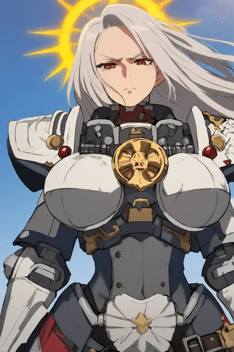sister of the battle, Warhammer 40, medium grey hair, pretty appearance, medium chest, thick hips, Sororitas Adept Power Armor, looks down from top to bottom, with his hands on his side, curved eyebrow, perfect picture, correct anatomy, covers the sun, blu...