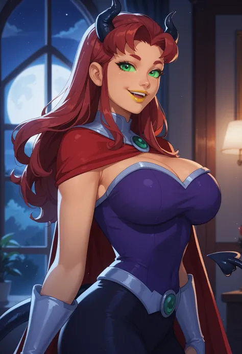 woman, big breasts, anime style, yellow lipstick, orange skin, red hair, looking at the viewer, inside a house, focus on the character, cheerful look, happy, night, incredible lighting, dark environment, side view, open arms, green eyes, red demon horns, b...