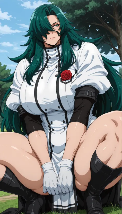 detailed background, masterpiece, detailed face,1woman, mature, solo, Rose, long hair, solo, gloves, green hair, hair over one eye, green eyes, white gloves, outdoors, grass, day, very long hair, sky, tree, closed mouth, huge breasts, thick muscular thighs...
