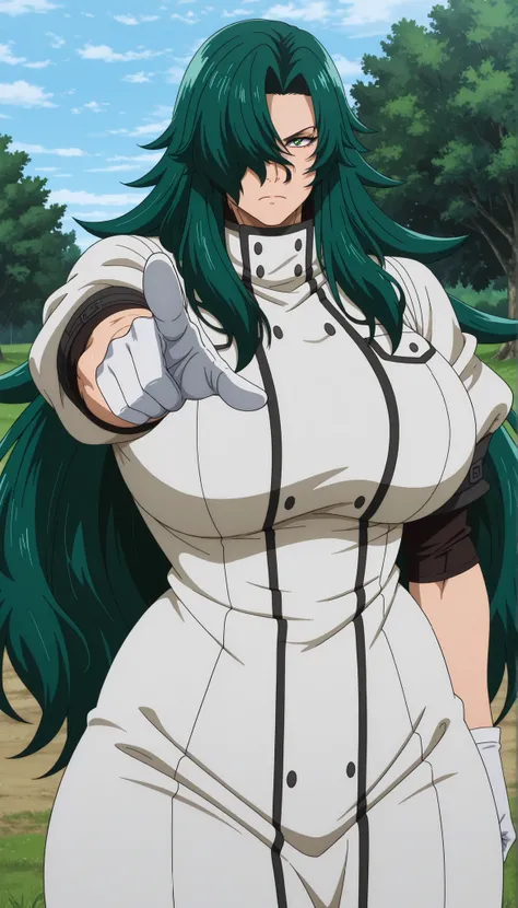 detailed background, official style,anime coloring, (anime screencap) masterpiece, detailed face,1woman, mature, solo, Rose, long hair, solo, pointing at viewers, gloves, green hair, hair over one eye, green eyes, white gloves, outdoors, grass, day, very l...