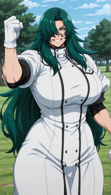 masterpiece, detailed face,1woman, mature, solo, Rose, long hair, solo, gloves, green hair, hair over one eye, green eyes, white gloves, outdoors, grass, day, very long hair, sky, tree, teeth showing, smiling angrily, huge breasts, thick muscular thighs, w...