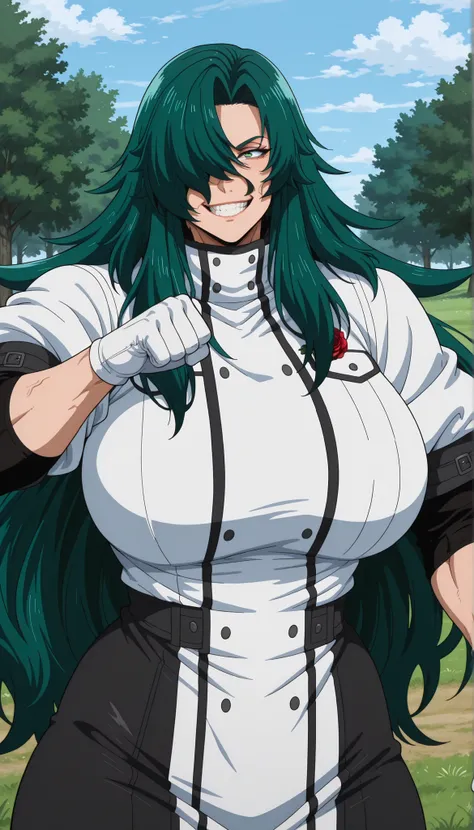 masterpiece, detailed face,1woman, mature, solo, Rose, long hair, solo, gloves, green hair, hair over one eye, green eyes, white gloves, outdoors, grass, day, very long hair, sky, tree, teeth showing, smiling angrily, huge breasts, thick muscular thighs, w...