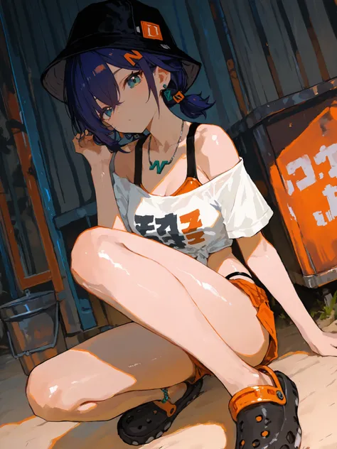 1girl, Beautiful, letter hairclip, earrings, necklace, low twintails, black bucket hat, off-shoulder crop top, bikini under clothes, orange sports bikini, orange short, anklet, crocs, (Masterpiece), 4k, 8k, digital art, cute anime, (detailed), absurd, newe...
