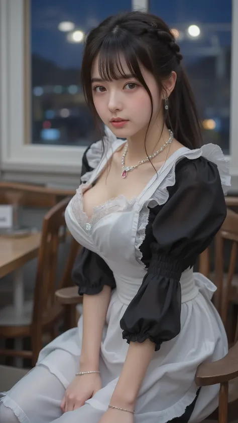 one girl, aprons, Black dress, , braiding , dress, eyebrows visible through hair, big boobs , valley, Nipples, frills, buttocks under pants, in the night sky , gem, Juliet Sleeve, long sleeve, maids, maids aprons, maidsdress, puff sleeve...
