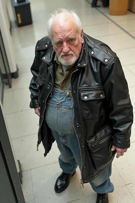 brit1960smoto, a high angle image taken from a bank security camera, the man wears a black worn 1960s british motorcycle jacket, the jacket is leather and dirty, he wears dirty blue denim overalls under the jacket, he wears shiny black leather boots, he is...